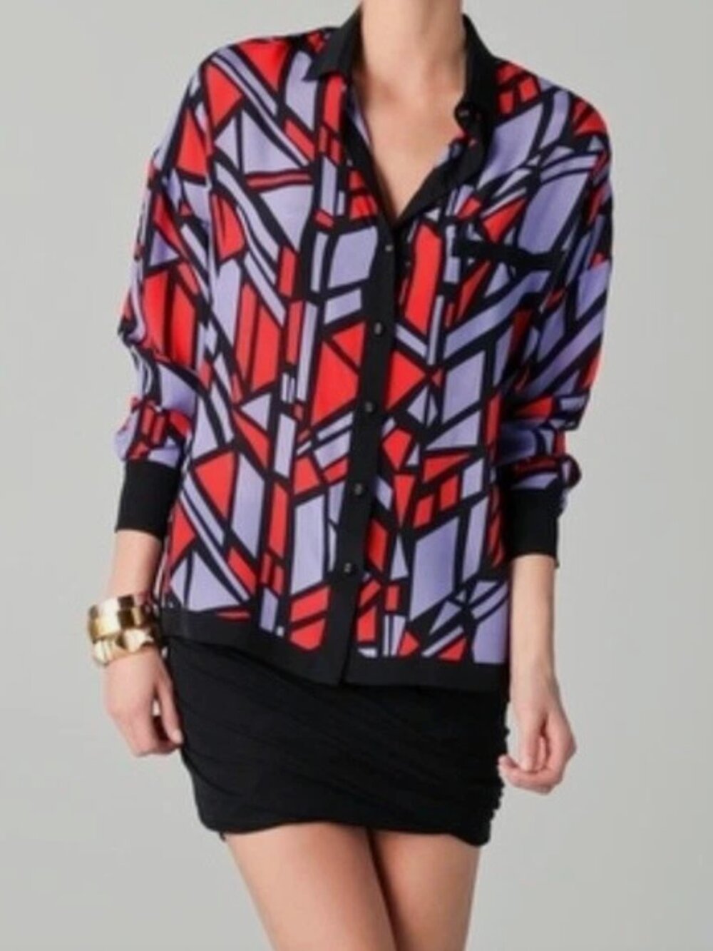 ROBERT RODRIGUEZ Silk Top Geometric Print Black w/ Lavendar Red/Orange Size 2